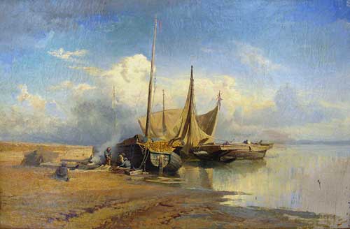Fyodor Vasilyev (1850 - 1873): View onto the Volga, Barges (1870)